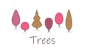 A set of cute trees in cartoon style, lineart.