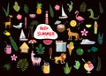 Set of cute trendy hello summer icons food, drinks, cactus, flowers, palm leaves, fruits, ice cream, bungalow, hotel