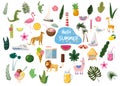 Set of cute trendy hello summer icons food, drinks, cactus, flowers, palm leaves, fruits, ice cream, bungalow, hotel