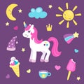 Set of cute unicorn or beautiful horse with different cute items. Sun and moon, rainbow and ice cream. Pretty pony for