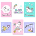 Set of cute unicorn icons, rainbow and stars, child vector illustration, cartoon design