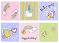 Set of cute unicorn icons, rainbow and stars, child vector illustration, cartoon design