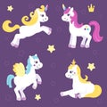 Set of cute unicorns and beautiful horses. Pretty pony for little girls. Vector illustration. Cartoon flat