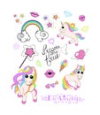 A set of 3 cute unicorns with decorative elements and inscription Royalty Free Stock Photo