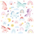 Set of cute unicorns, scandinavian rainbows, moon, stars, sun in cartoon flat style. Vector illustration of baby horse Royalty Free Stock Photo