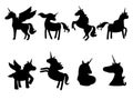 Set of cute unicorns silhouettes,icons,vintage, background, horses, tattoo,Hand drawn, outline, black on white,Vector illustration Royalty Free Stock Photo