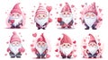 set of cute Valentine gnome Clipart, cute Valentine gnome Sticker, generated ai