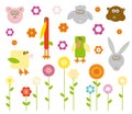Set Of Cute Vector Animals And Flowers