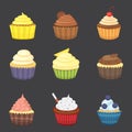 Set of cute vector cupcakes and muffins. Colorful cupcake for food poster design.