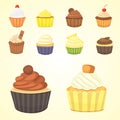 Set of cute vector cupcakes and muffins. Colorful cupcake for food poster design.