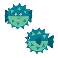 Set cute vector illustration cartoon fish Fugu. blue globefish isolated on white background