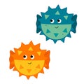 Set cute vector illustration cartoon fish Fugu. orange and blue globefish isolated on white background