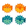 Set cute vector illustration cartoon fish Fugu. orange and blue globefish isolated on white background