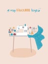 Set of cute vector illustration of sewing machine, sewing equipment, tools on a table for card, poster, flyer, cover Royalty Free Stock Photo