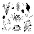 Set of a cute vector images of differen ice-creams drawn in doodle style