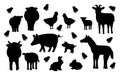 Set of cute vector silhouette cartoon animals at the farm. Sheep, ram, cow, bull, calf, chicken, rooster, goat mother and kid, pig Royalty Free Stock Photo