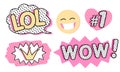 Set of cute vector stickers. Bubble for text, princess crown, WOW, LOL icons and laughing emoji.