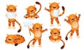 Set of cute vector tigers isolated on white background. Children's illustration of tigers in a flat style with banners