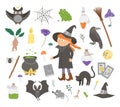 Set of cute vector witchcraft elements and witch. Halloween icons collection. Funny autumn all saints eve illustration with girl, Royalty Free Stock Photo