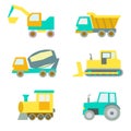 Set with cute vehicles, tractor, concert mixer, train, excavator