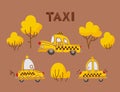Set of cute vintage cartoon yellow taxi cars and trees in warm vibrant colors. For boys, nursery, stickers, posters