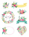 Set of cute vintage elements as rustic hand drawn first spring flowers