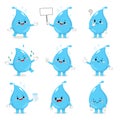 Set of cute water drop cartoon characters with various activities