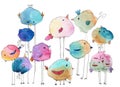 a set of cute watercolor birdies` family in a sketch doodle style Royalty Free Stock Photo