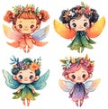 Set of cute watercolor fairies, cartoon characters in anime style