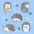 Set of cute watercolor hedgehogs.