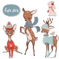 Set with cute watercolor winter deer