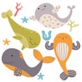 Set of cute whales. Kawaii sea animals. Marine life animals, underwater blue whales, childrens icons for stickers, baby shower, Royalty Free Stock Photo