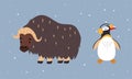 Set of cute wild polar animals. Musk ox and penguin mammal and bird vector illustration