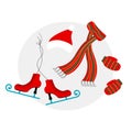 Set of cute winter accessories: Santa Claus red hat, lond scarf, Figure skates and pair of knitted mittens in cartoon