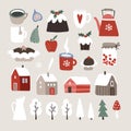 Set of cute winter, Christmas food, drink and landscape icons. Cup of coffee, fruit, Christmas pudding, desserts Royalty Free Stock Photo