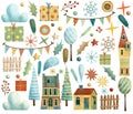 Set of cute winter christmas houses, stars, berries, garland, trees and snowflake. Royalty Free Stock Photo