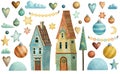 Set of cute winter christmas houses, stars, hearts, garland, trees and snowdrift.