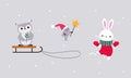 Set of cute winter forest animals. Owlet, birdie and rabbit Christmas characters vector illustration