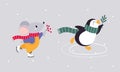 Set of cute winter forest animals. Penguin and mouse Christmas characters skating on rink vector illustration