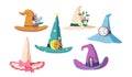 Set Cute Witch Or Enchantress Hats Isolated Icons, Wizard Headwear, Traditional Decorated Magician Caps With Feathers Royalty Free Stock Photo