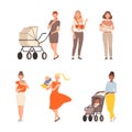 Set of cute women with newborn babies. Moms holding babies in their arms and walking with baby stroller cartoon vector