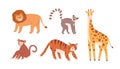 Set of cute zoo or wild animals. Lion, sloth, giraffe, monkey and tiger. Collection of terrestrial mammals isolated on