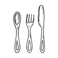 Set of Cutlery in Doodle style. A spoon, fork, and knife are hand-drawn and isolated on a white background. Black and white vector Royalty Free Stock Photo