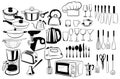 Set of cutlery and elements for the kitchen. Collection of culinary tools. Black and white windy illustration of