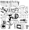 Set of cutlery and elements for the kitchen. Collection of culinary tools. Black and white windy illustration of