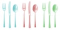 Set of Cutlery of plastic disposable pastel colourful party spoon, fork knife on transparent background cutout, PNG
