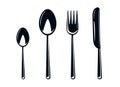 A set of cutlery, spoons and forks. Tableware or cutlery icons. Silhouette of utensils. Silhouette of a knife and fork. Vector.