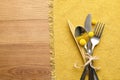 Set of cutlery, yellow cloth and autumnal decor on wooden background, flat lay with space for text. Table setting elements