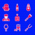 Set Cutting board, Barbecue grill, fork, Spatula, Meat tongs, Cook, Pepper and Oven glove icon. Vector