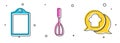 Set Cutting board, Kitchen whisk and Chef hat in speech bubble icon. Vector Royalty Free Stock Photo